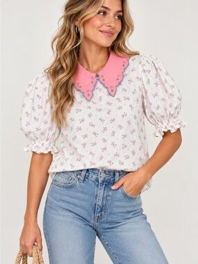 Dondolo Scalloped Pink Collar Floral Puff-Sleeve Blouse